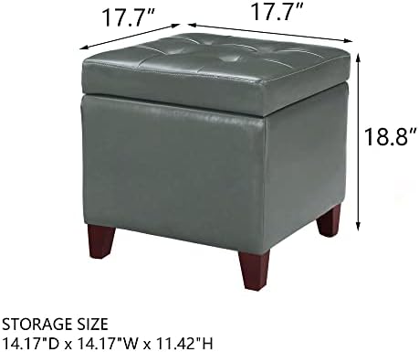 Adeco Bonded Leather Square Tufted Cubic Cube Storage Footstool, 18" Inch Ottomans & Storage Ottomans, With Lid, Dim Gray