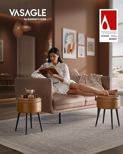 VASAGLE Storage Ottoman, PU Leather Round Seat with Steel Legs