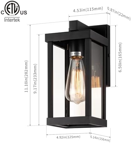mirrea 11" Classic Outdoor Wall Sconce 1 Light in Matte Black Rectangular Metal Frame and Clear Glass Shade Waterproof Porch Light Patio Light Pack of 2