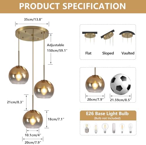 KCO Mid Century Modern 3 Light Gradient Gold Glass Globe Cluster Chandelier