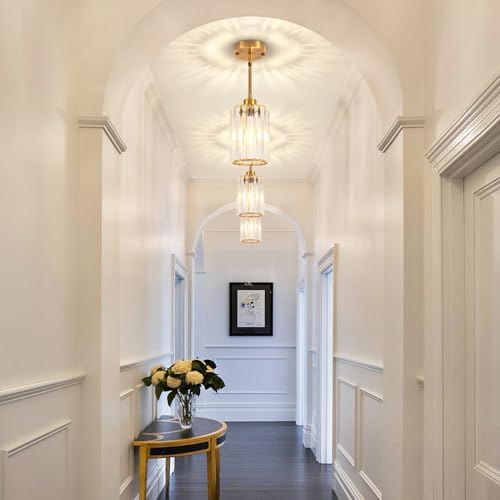 2 Pack Brushed Gold Pendant Light Fixtures Modern Crystal Kitchen Lighting