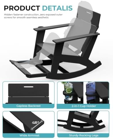 Ciokea Outdoor Rocking Chair with Pull-Out Footrest, Solid Backrest, Black