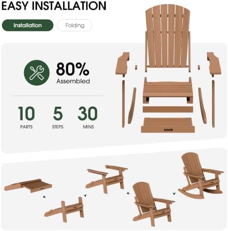 4-in-1 Adirondack Rocking Chair Set of 2, HDPE, Footrest, Teak