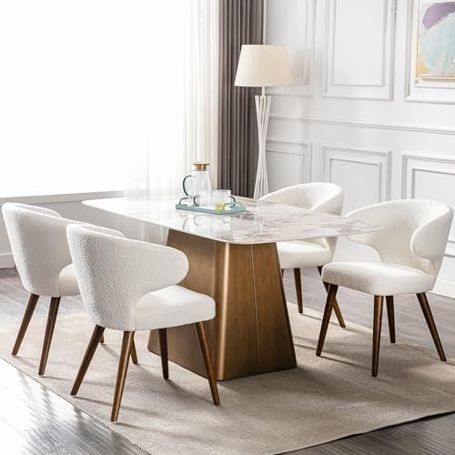HNY Mid Century Modern Sherpa Boucle Dining Chairs Set of 6, Upholstered Curved Wingback Accent Arm Chairs Side Chairs with Solid Wood Legs, White