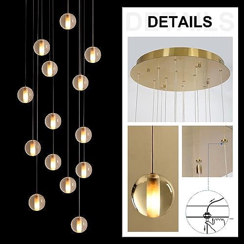 14 Lights Staircase Chandelier for High Ceiling, Dimmable Modern Crystal Raindrop Large Long Hanging Pendant Light for Stairwell Living Room Stair Foyer, Bulbs Included (Gold Canopy)