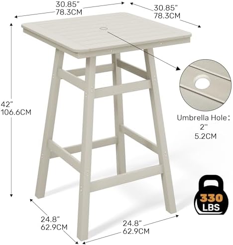 Costaelm Outdoor Bar Table, 42" Counter Height Square Patio Cocktail Bar Table with Umbrella Hole, Patio Bistro Dining Pub Table for Front Porch Deck Backyard Garden, Sand