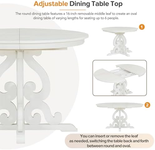 Extendable Dining Table Set for 4-6, Farmhouse Kitchen Table Set with Extendable Round Dining Table & 4 Upholstered Chairs, Solid Wood Table and Chairs Set for Kitchen, Dining Room, Antique White