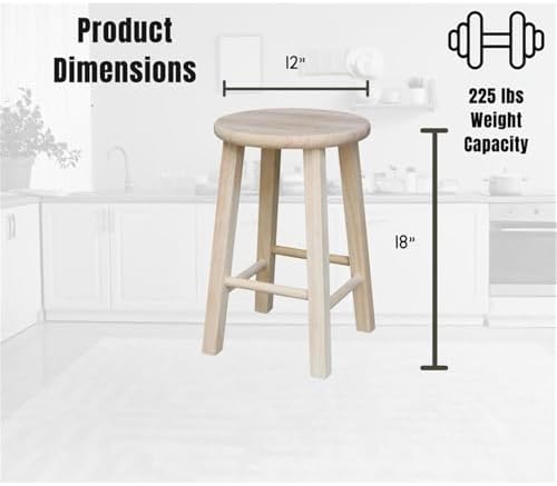 IC International Concepts Solid Wood Round Top Stool, 18" Seat, Unfinished
