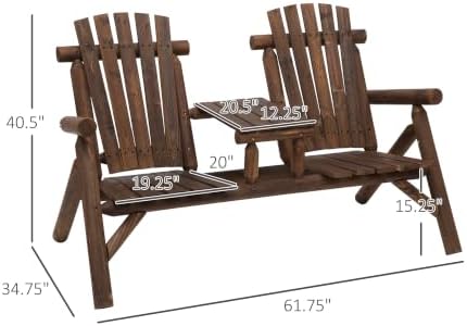 Outsunny 2-Seat Wooden Adirondack Chair Patio Bench with Table Carbonized