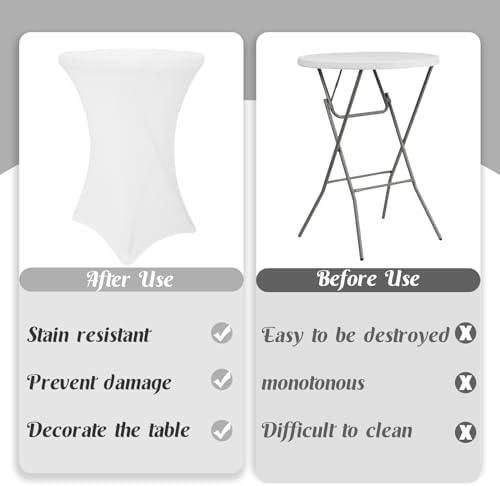 HAISIWLKJ 8 Pack Cocktail Table Covers 32x43 Inch Fitted Stretch Spandex Square Corners White Table Cover High Top Cocktail Round Tablecloth for Party, Wedding, Birthday, Banquet(White)