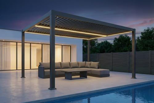 PURPLE LEAF 92KS Aluminum Pergola 11.5' x 15' with LED Strip Lights, Gray
