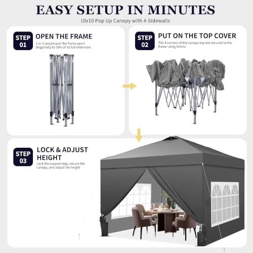 10x10ft Pop-Up Canopy Tent with 4 Side Walls — Easy Setup, Outdoor Portable Gazebo with 4 Ropes, 8 Stakes, 4 Sandbags and Handbag, for Patio, Camping and Picnic, Gray