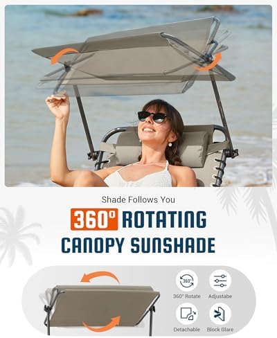 KingCamp 400LBS Lounge Chair with Face Hole & Canopy Shade, Beige 1‑Pack