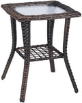 Outdoor Wicker Side Table, Rattan End with Glass Top, Patio Coffee Bistro for Indoor Garden Porch Balcony (Brown)