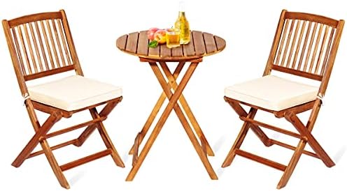 FANTASK 3 Pieces Folding Acacia Wood Bistro Set, Patio Furniture Set with Cushions & 1 Round Table, Indoor Outdoor Bistro Table and Chairs Set of 2 for Patio, Garden, Poolside, Porch, Lawn (Beige)