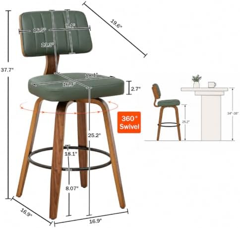 LUNLING 25.2” Swivel Bar Stools Set of 2,Green Faux Leather Counter Height Barstools with Back,Mid Century Modern Wood High Walnut Bar Chairs,Modern Kitchen Island Chairs for Home Dining