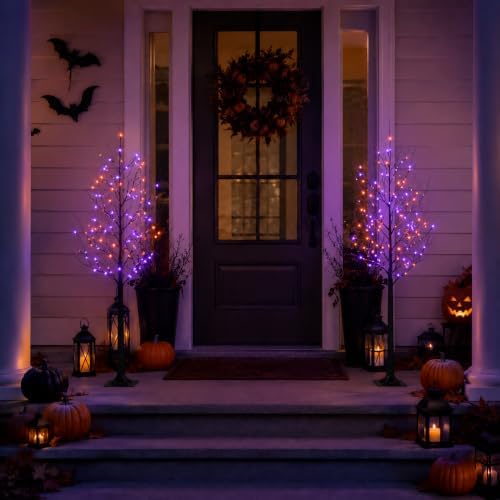 5FT LED Lighted Halloween Tree 2-Pack Orange and Purple Lights Décor