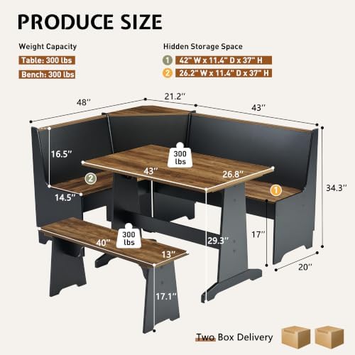LUXOAK 3-Piece Corner Dining Set with Hidden Storage, Black Oak