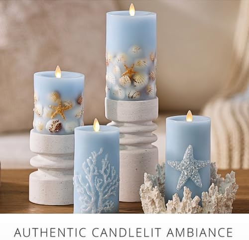 Luminara Flameless LED Candle Soft Chambray Embedded Seashell & Starfish Moving Flame Pillar Unscented Real Wax with Recessed Edge (4.5-inch)