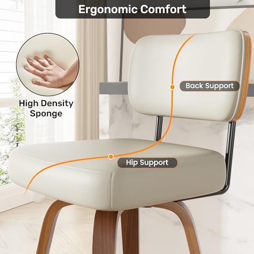 Swivel Bar Stools Set of 3, 26" Upholstered Faux Leather Counter Height Barstools with Walnut Back & Bentwood Legs, Mid Century Modern Bar Chairs Island Stools for Kitchen Counter, Beige Grey
