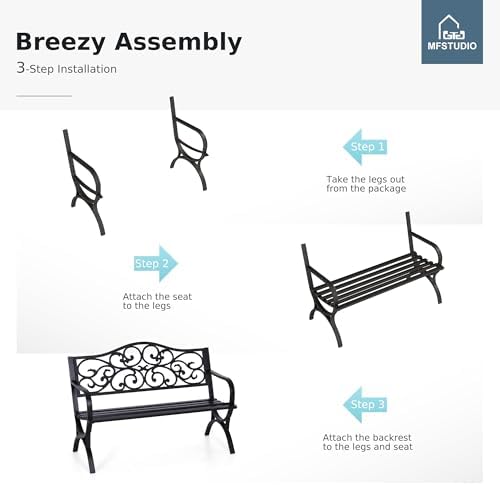 MFSTUDIO 50 Inches Outdoor Garden Bench Cast Iron Metal Frame, Floral Black
