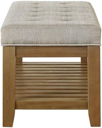 24KF Large Rectangular Upholstered Tufted Linen Fabric Ottoman Bench, Padded Bench with Solid Wood Shelf-Linen