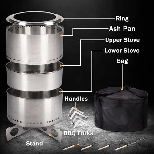 BRIOPAWS Large Smokeless-fire-pit Outdoor | 19 IN | 304 Stainless-Steel-Firepit | Portable Solo Fire Pits for Outside, Camping | Low Smoke Stove | Wood Burning Chimenea, Inclu. Bag, BBQ Forks, Handles
