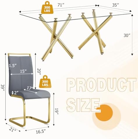 AZmac Modern Dining Table Set for 8 with Gold Metal Frame, 9-Piece Glass Dining Table with PU High Back Chairs for Kitchen Dining Room, Glass Table and 8 Dark Gray Chairs