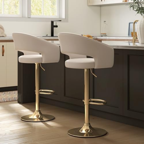 Hyfirm Set of 2 Beige PU Leather Swivel Adjustable Bar Stools Gold Base