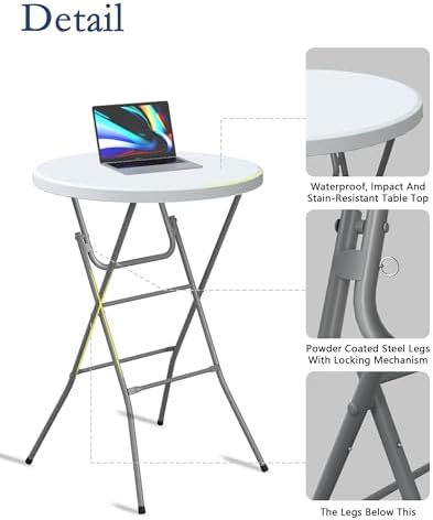 32" Round Folding Table, Plastic Bar Height Tables for Parties, White