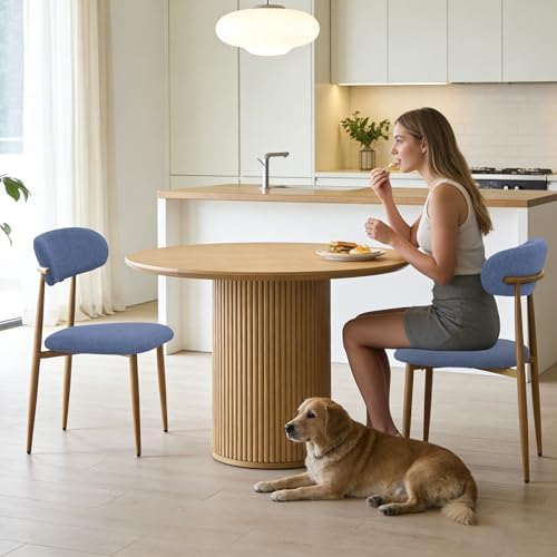 FREKEN Modern Upholstered Dining Chairs Set of 6, Mid-Century Metal Frame with Wood Grain, Linen Fabric Side Chair for Kitchen Dining Room, 350lbs Capacity, Blue