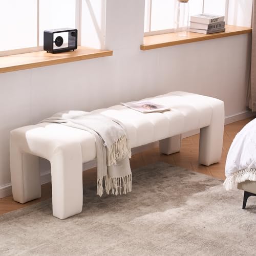 59" Velvet Bench for Bedroom King Size Bed Window End of Bed, Ivory White