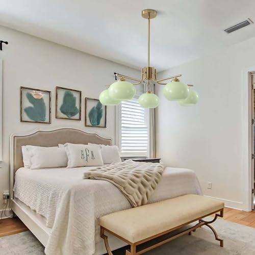 KCO Lighting Green Glass Pendant Light 5 Light Large Globe Chandelier Brushed Brass Sputnik Chandelier Mid Century Modern Chandelier Light Fixture for Dining Room Bedroom