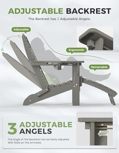 Ciokea HDPE Folding Adirondack Chair with Footrest,Grey,1