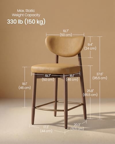 VASAGLE Wooden Bar Stools Set of 2, Synthetic Leather, Caramel Brown