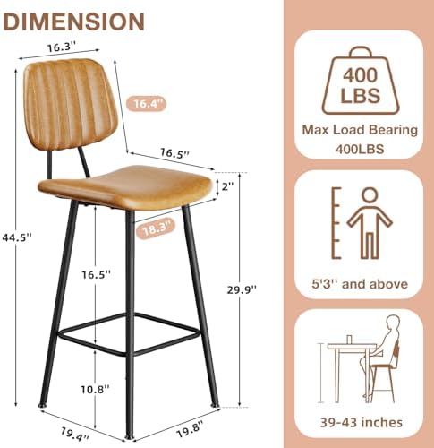 Raynesys 29-Inch Leather Bar Stools Set of 3 with High Backrest, Brown