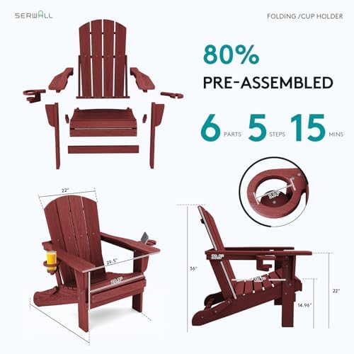 SERWALL Outdoor Adirondack Chair Set of 2 with 2 Cup Holders,Foldable,Red
