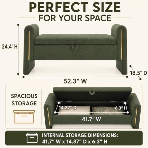 52" Upholstered Storage Bench, Green, Armrests, Wood Frame