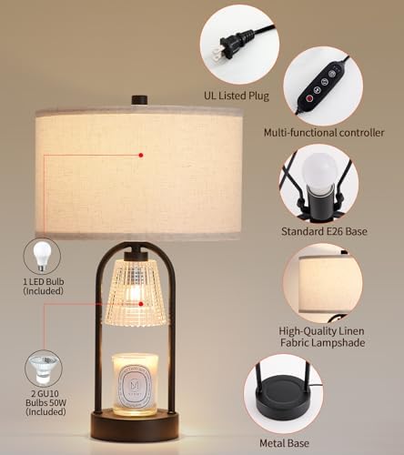 2-in-1 Candle Warmer Lamp with Timer and Dimmer, Black Decorative Table Lamp and Wax Warmer for Jar Candles, Independent Controls, 3 Bulbs Included, Gifts for Women