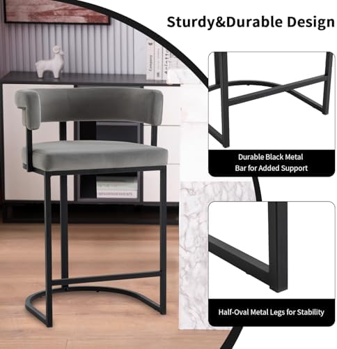 Set of 2 Grey Modern Velvet Bar Stools with Barrel Backrest, Upholstered Seat, and Black Metal Footrest – 25.6-Inch Seat Height, Ideal for Counters, Home Bars, and Kitchen Islands