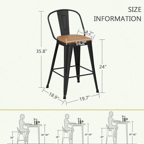 Outdoor Metal Bar Stools Set of 4,24 inch Barstools Counter Height Bar Stool with High Back Farmhouse Kitchen Dining Chairs Bar Funiture for Outside