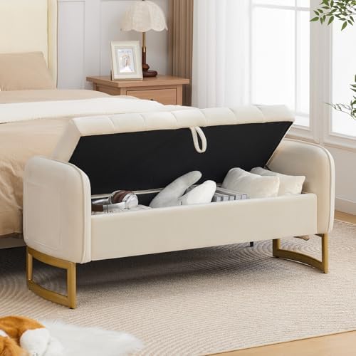 End of Bed Storage Bench, 51'' Storage Ottoman Benches for Bedroom, Cream