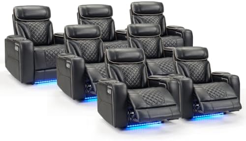 ANJ Dual Motor Power Recliner Set of 7 with Adjustable Headrest & LED Light, Faux Leather Home Theater Seating with Cup Holders & Arm Storage, Electric Reclining Chairs, Black(White Stitching)