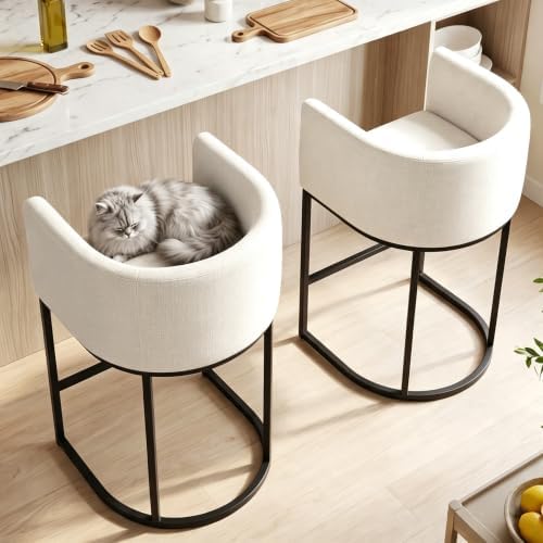 26" H Counter Height Bar Stools Set of 2, Modern Barrel Counter Stools with Backrest and Arms, Linen Fabric Upholstered Accent Barstools for Kitchen Island,Support 450 LBS (White)