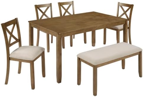 Merax 6-Piece Wood Kitchen Dining Table Set, 58.5" Rectangular Table with 4 Upholstered Chairs & 1 Bench, Rubberwood Legs Modern Elegant Farmhouse for Kitchen Room, Oak
