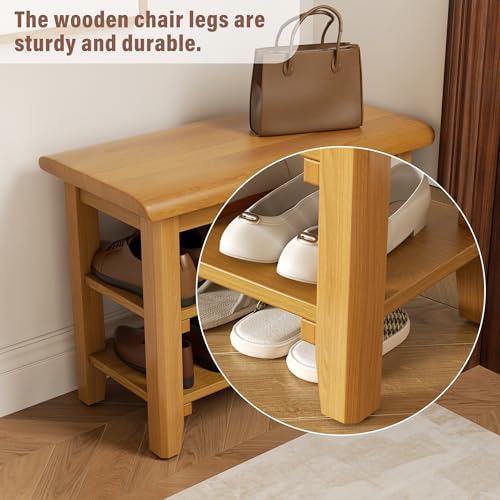 Shoe Rack Bench Mid Century Modern 2-Tier Shoe Rack Organizer for Entryway Hallway or Living Room Farmhouse Rustic Wooden Seat Bench Natural 11.8" Dx31.5 Wx16.5 H