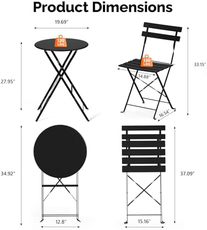VINGLI Outdoor Folding Bistro Table and Chairs Set of 2, 3-Piece Bistro Set with Premium Steel Frame for Patio, Balcony, Garden, Porch, Yard, Black