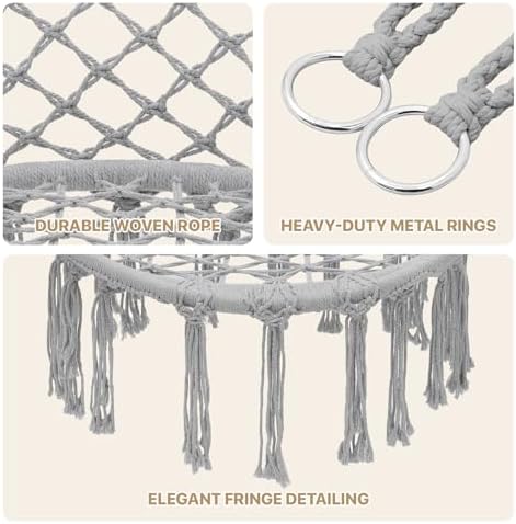 Monibloom Hanging Hammock Chair with Cushion, Macrame Swing Chair, Gray