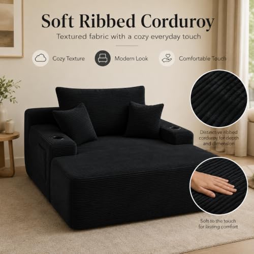 67" Oversized Chaise Lounge Chair Indoor, Corduroy Cloud Couch with 3 Pillows, Deep Seat Sleeper Sofa, No Assembly Required, Comfy Reading Chair for Living Room/Bedroom (Black)