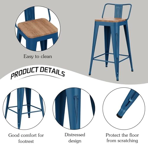 26" Barstools Set of 4 Counter Height Bar Stools Side Chair-Distressed Navy